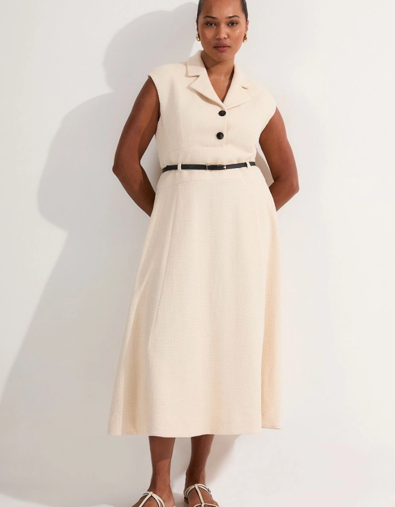 Plus Size Textured Tweed Belted Full Skirted Midi Dress