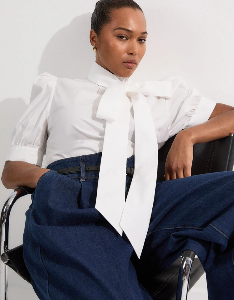 Plus Size Cotton Poplin Pussy Bow Puff Sleeve Woven Blouse