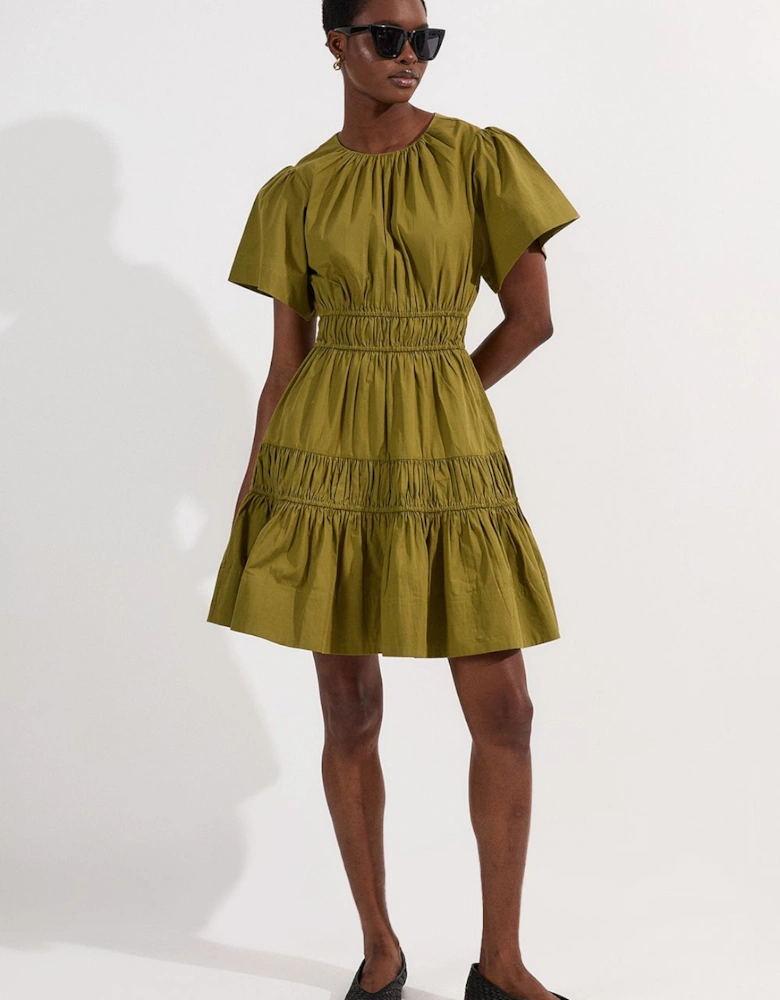 Shirred Cotton Tiered Woven Mini Dress