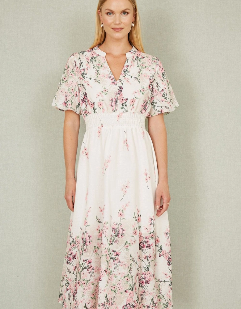 White Mirrored Floral Button Up Midi Dress With Ruched Waist
