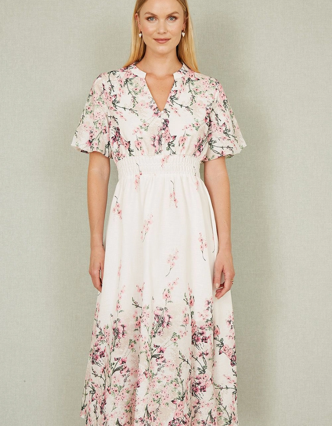 White Mirrored Floral Button Up Midi Dress With Ruched Waist, 2 of 1