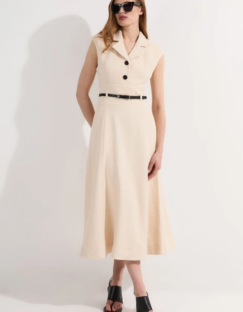 Textured Tweed Belted Full Skirted Midi Dress