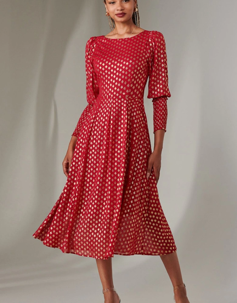 Puff Sleeve Gold Spotty Midaxi Dress