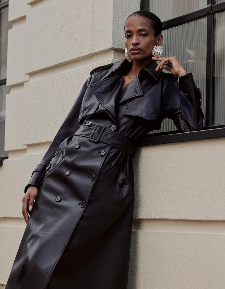 Tailored Faux Leather Belted Trench Coat