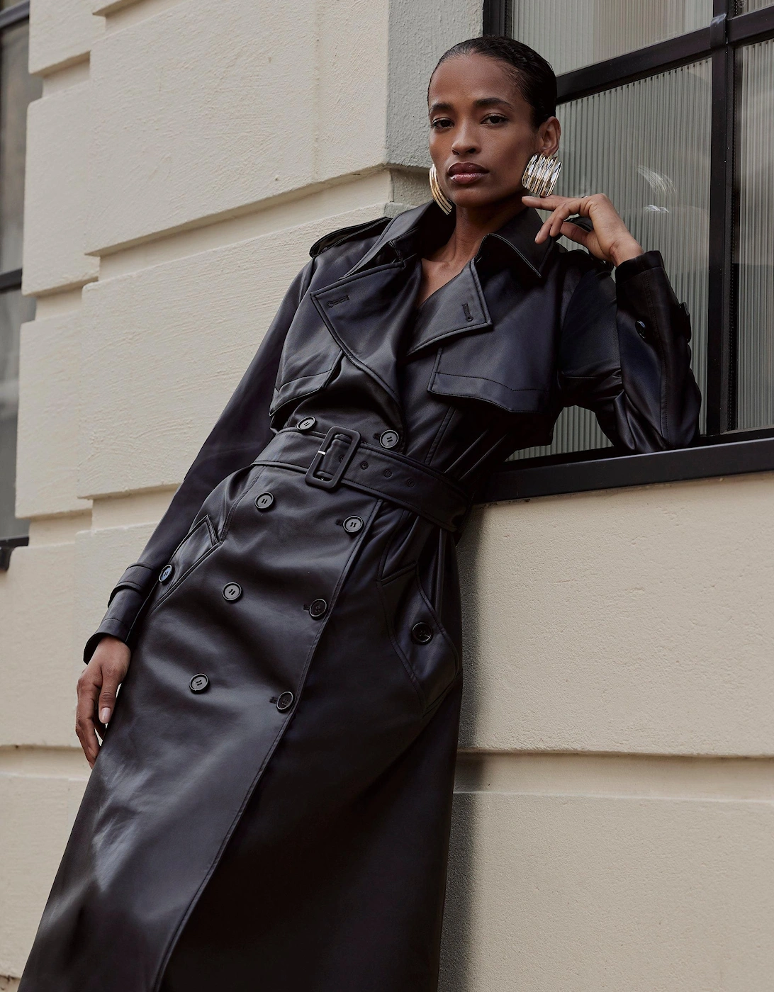 Tailored Faux Leather Belted Trench Coat, 2 of 1