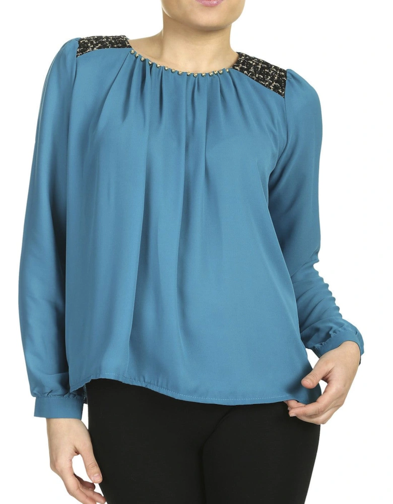 Pleated Neckline Long-Sleeve Top