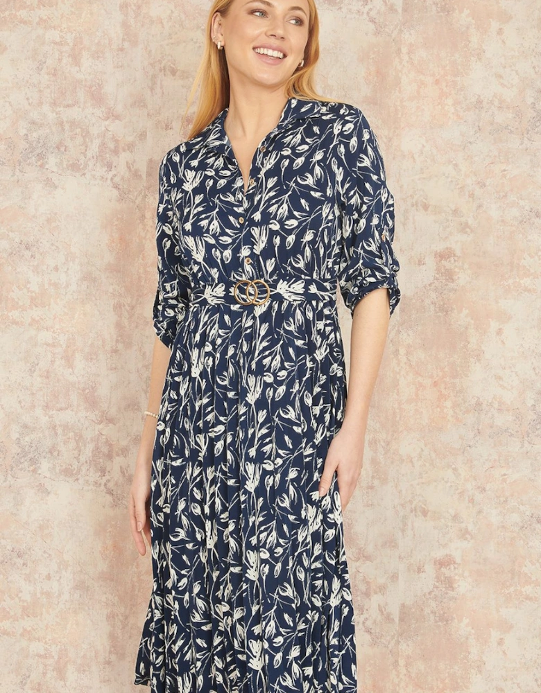 Navy Floral Print Pleated Skater Dress With Buckle