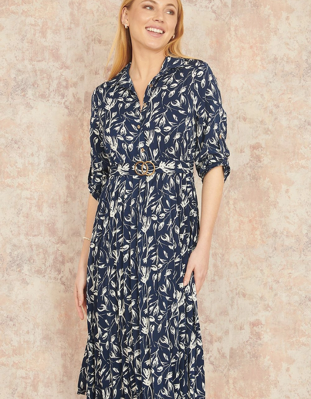 Navy Floral Print Pleated Skater Dress With Buckle, 2 of 1