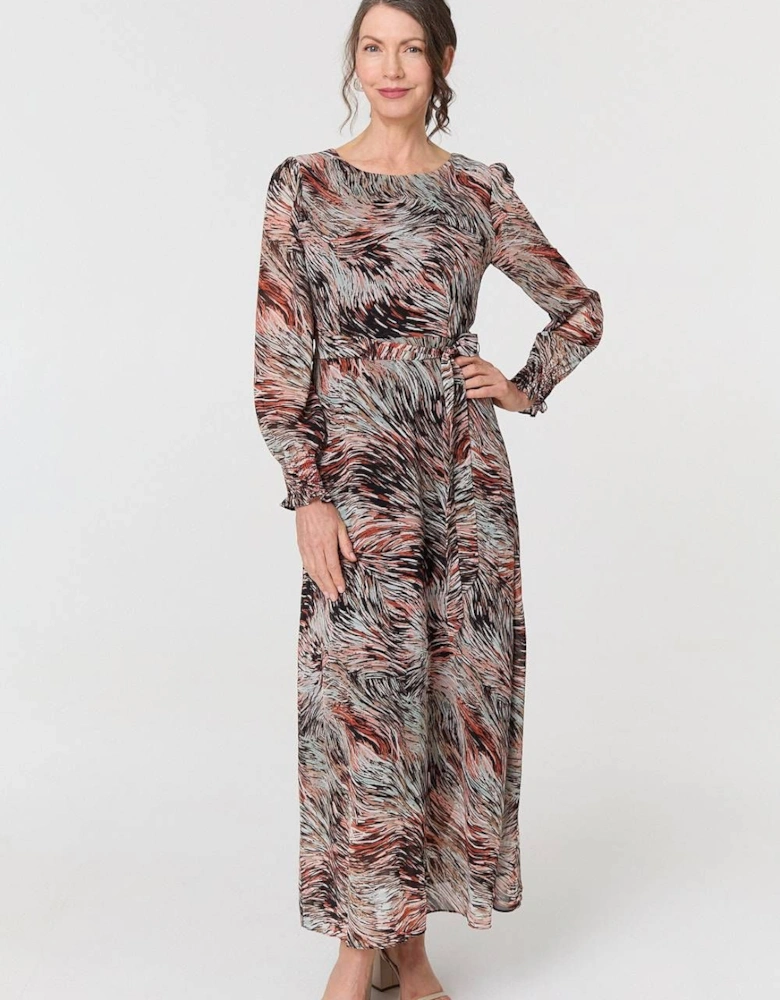 Printed Tie Waist Long Sleeve Maxi Dress