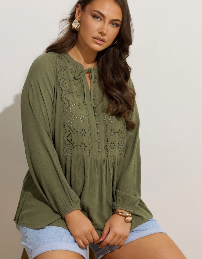 Broderie Anglaise Tie Neck Blouse