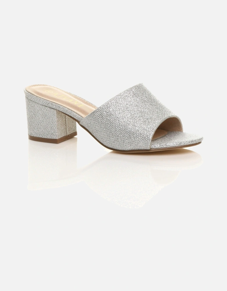 Mid Block Heel Peep Toe Mules Glitter Mesh Heeled Sandals