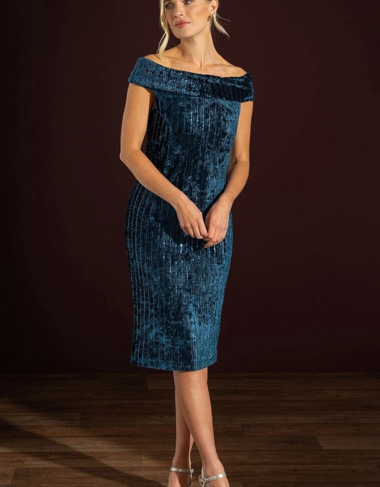 Embellished Velour Fitted Bardot Dress