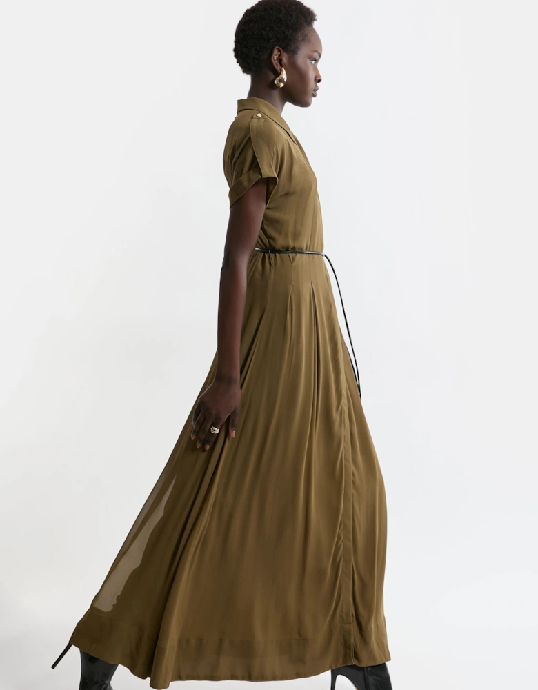 Pleated Woven Viscose Maxi Shirt Dress