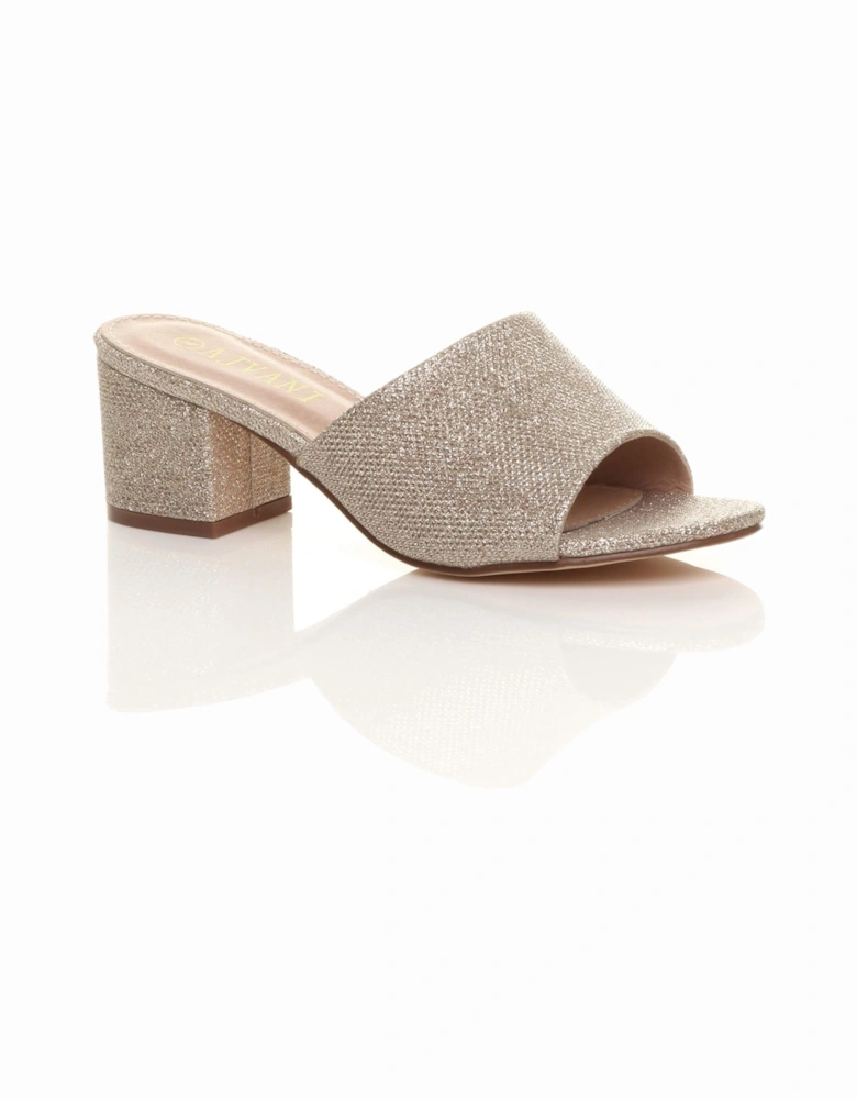 Mid Block Heel Peep Toe Mules Glitter Mesh Heeled Sandals
