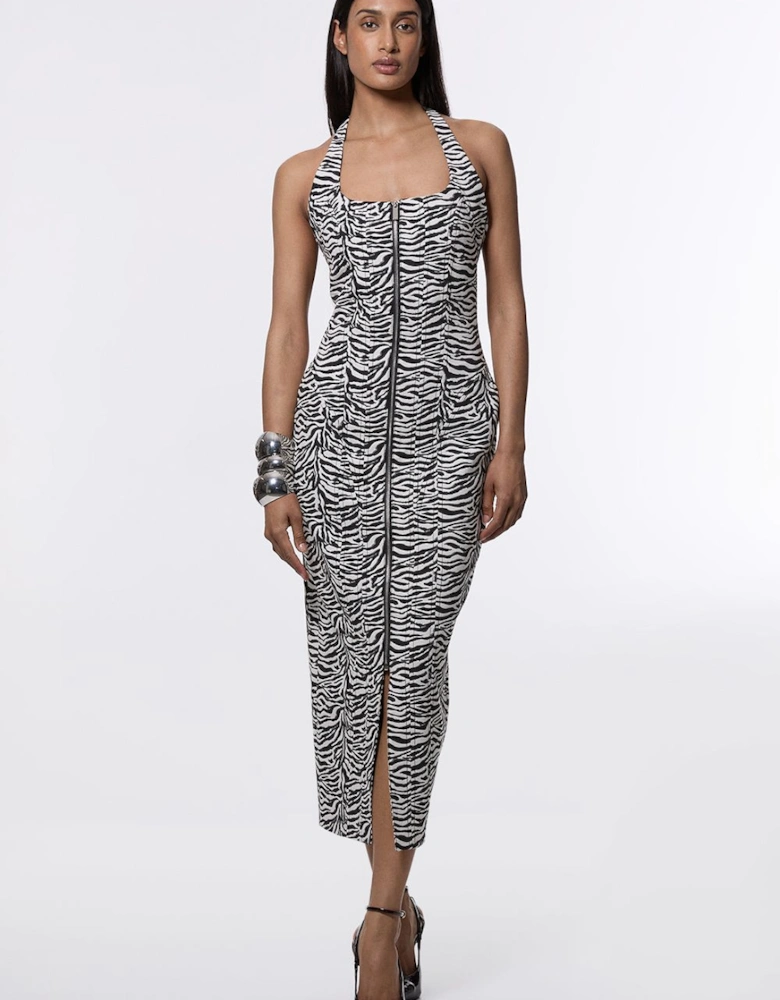 Zebra Jacquard Tailored Zip Through Pencil Midi Dress