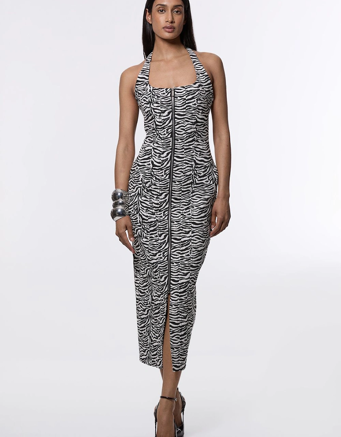Zebra Jacquard Tailored Zip Through Pencil Midi Dress, 2 of 1