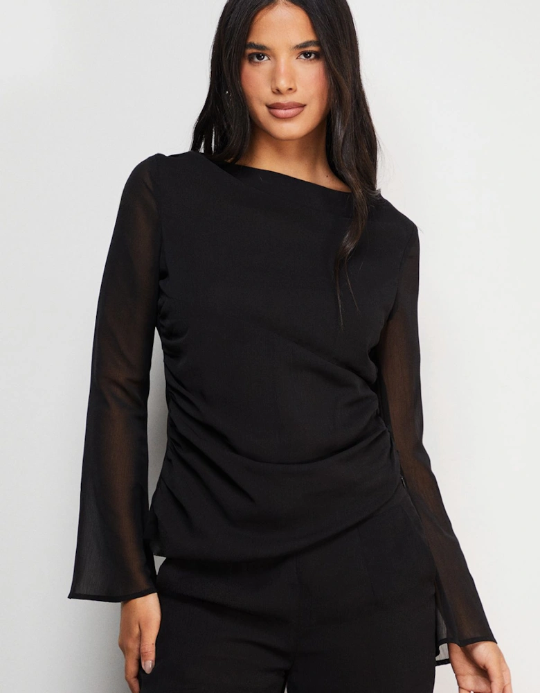 Chiffon Asymmetric Gathered Waist Top