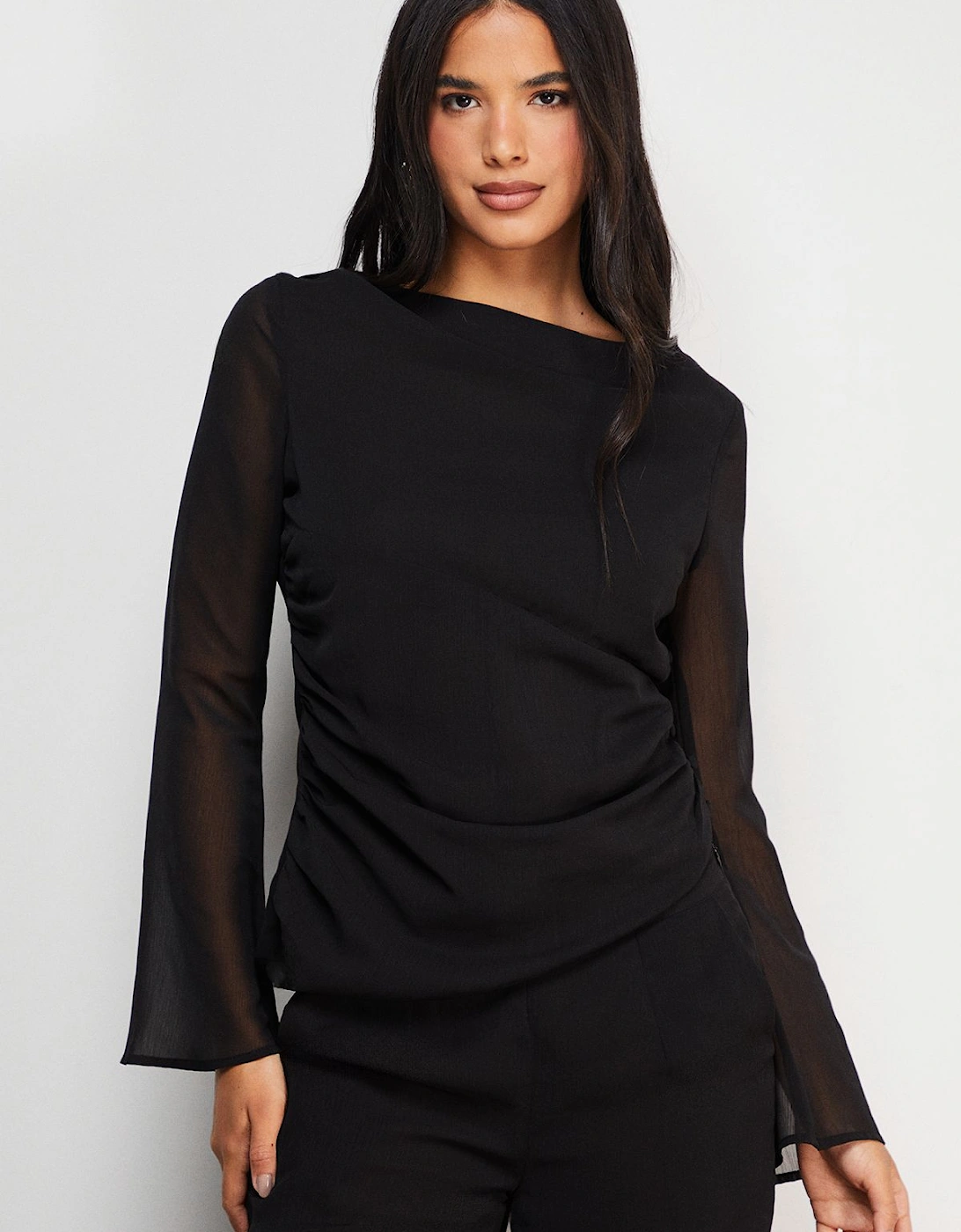 Chiffon Asymmetric Gathered Waist Top, 2 of 1