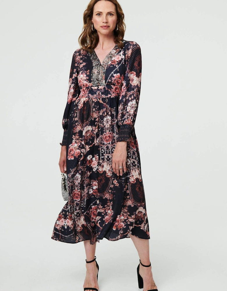 Printed Long Sleeve Empire Maxi Dress