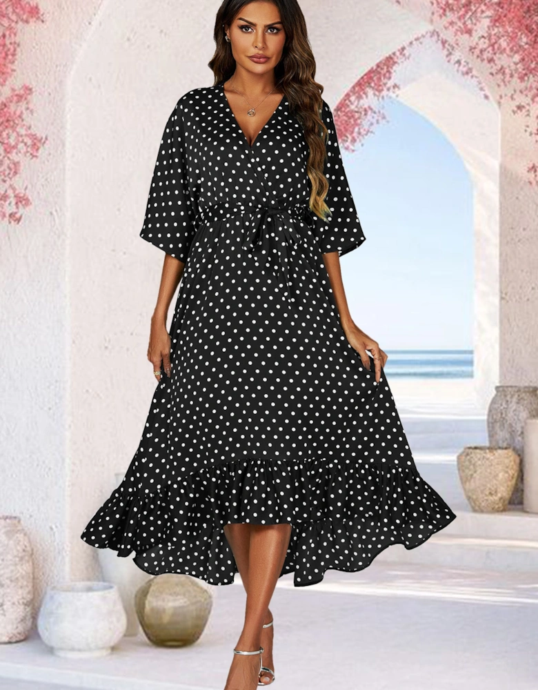 Polka Dot Print Wrap Top Kimono Sleeve Maxi Dress In Black