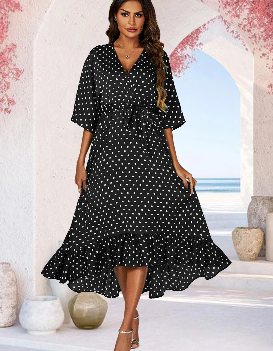 Polka Dot Print Wrap Top Kimono Sleeve Maxi Dress In Black, 2 of 1