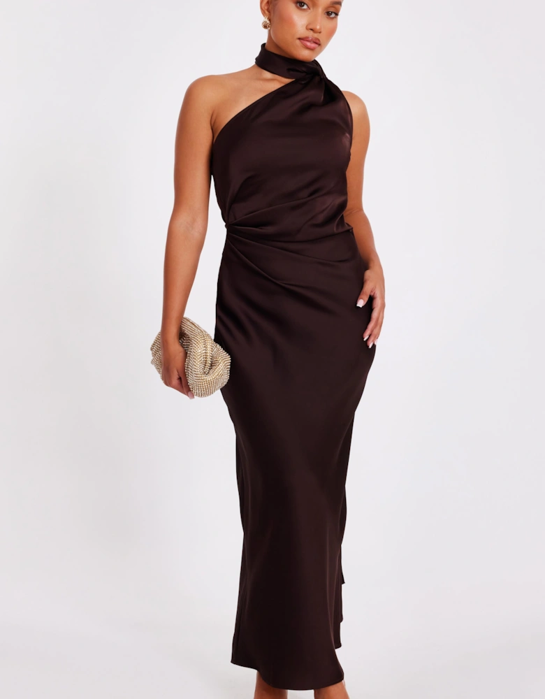 Brown Petite Satin Wrap Neck Maxi Dress