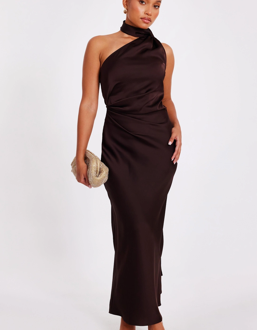Brown Petite Satin Wrap Neck Maxi Dress, 2 of 1