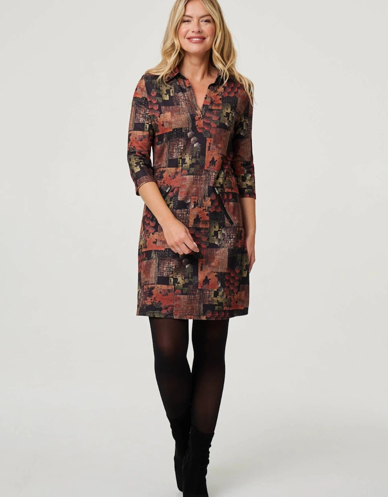Printed 3/4 Sleeve Collared Short Dress