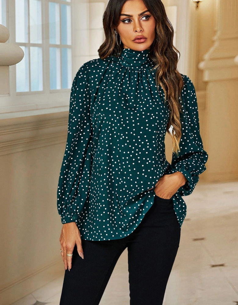 Polka Dot Print Long Sleeve Back Tie Blouse Top In Green