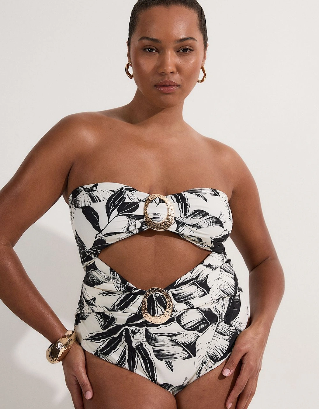 Plus Size Slinky Palm Print Cut Out Swimsuit, 2 of 1