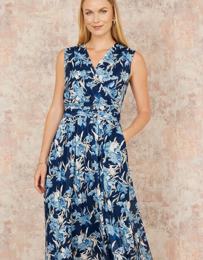 Blue Floral Mesh Wrap Skater Dress With Pockets