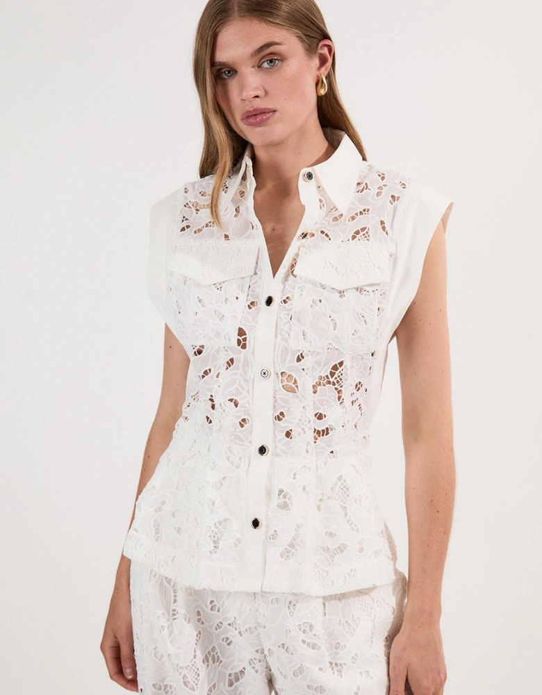 Tall Cutwork Topstitch Pintuck Woven Blouse