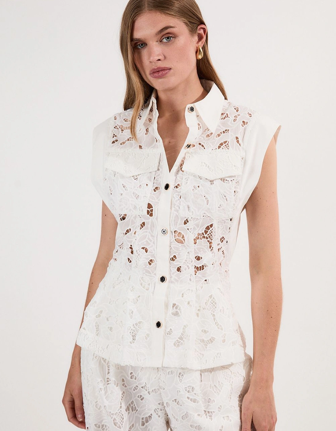 Tall Cutwork Topstitch Pintuck Woven Blouse, 2 of 1
