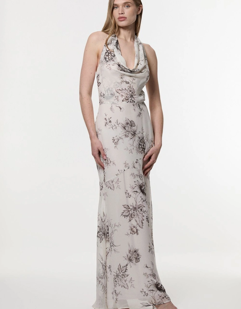 Tall Sheer Viscose Georgette Sketchy Floral Deep V Woven Halter Neck Dress