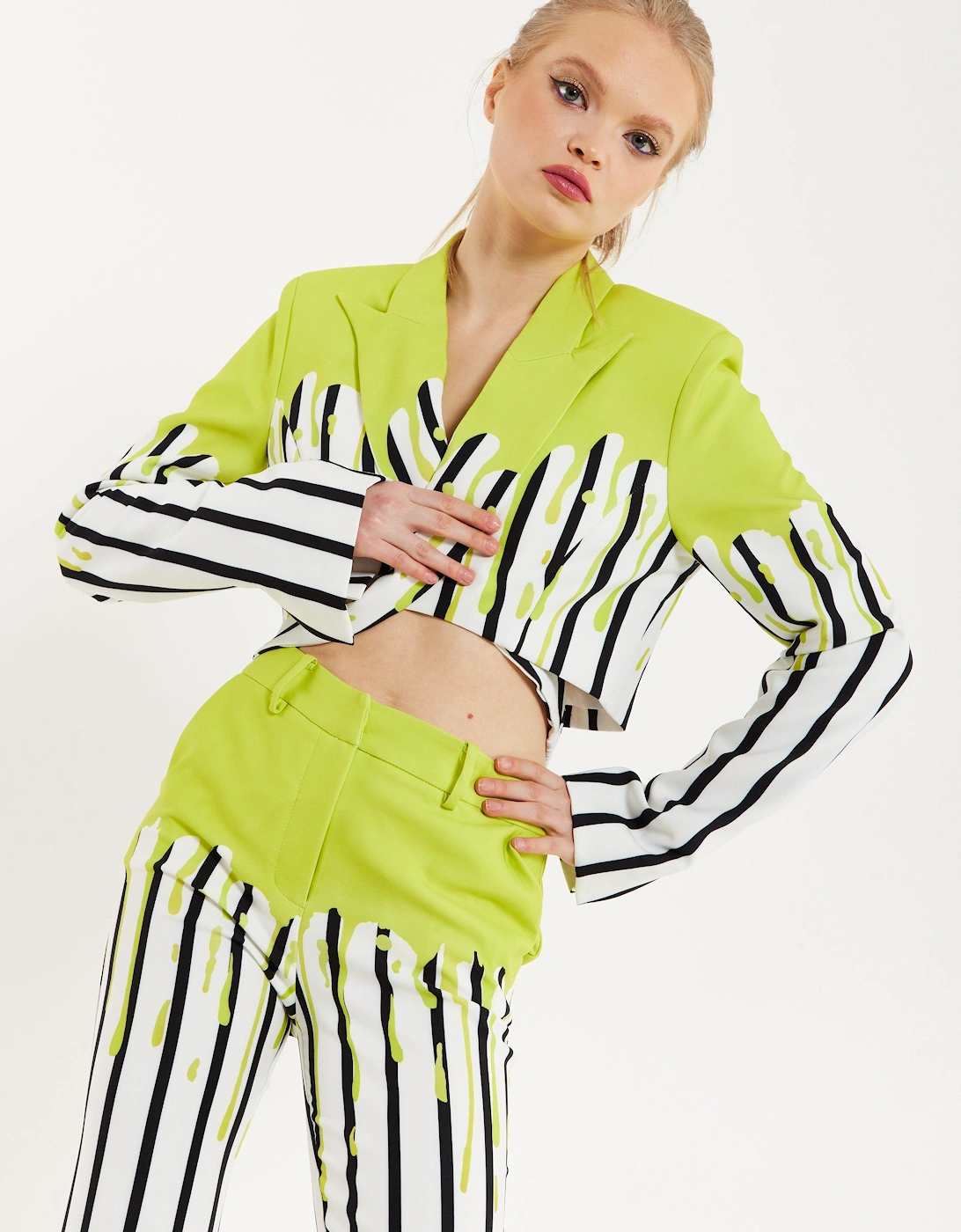 Stripe Monochrome Acid Green Splash Crop Blazer With Belt, 2 of 1