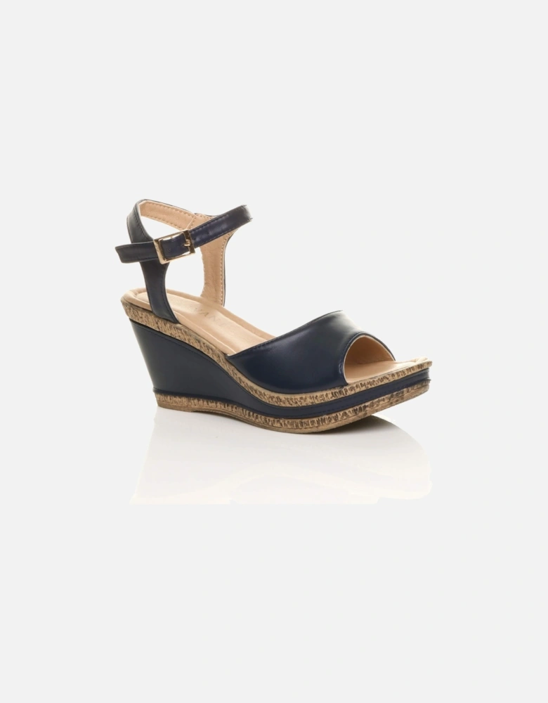High  Heel Ankle Strap Cork Sandals Faux Leather Wedges