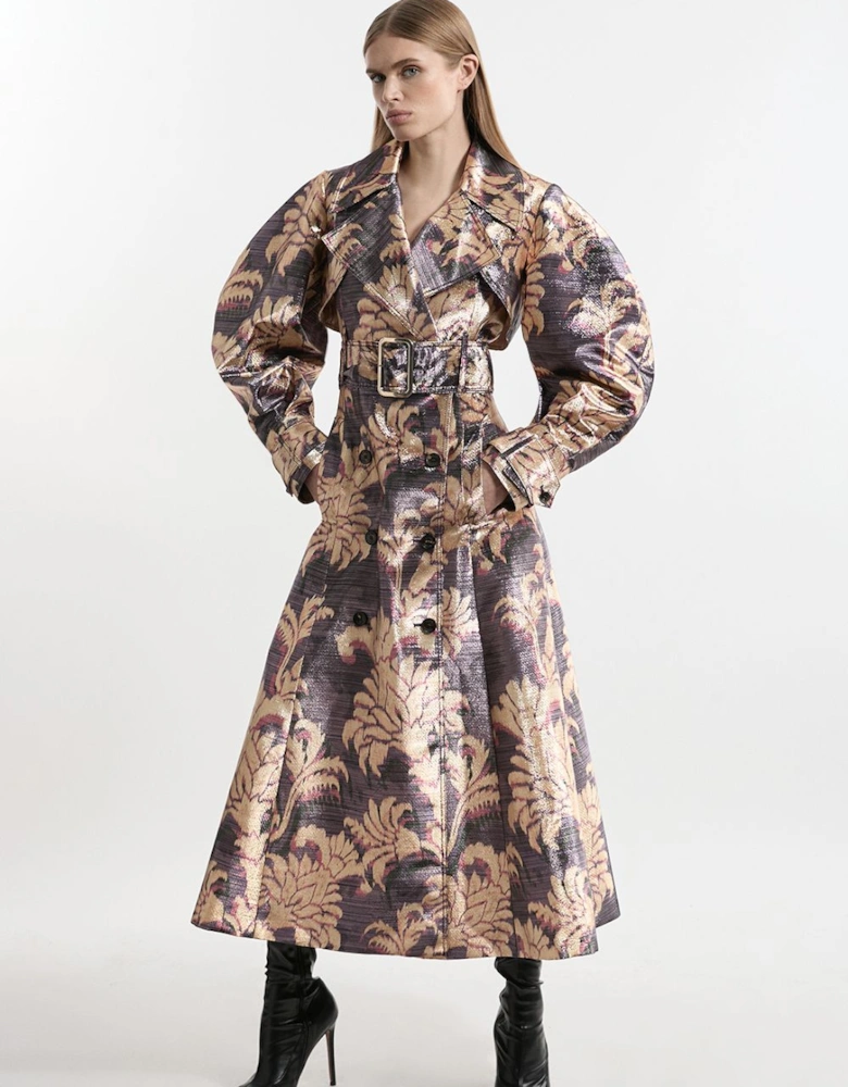 Petite Metallic Floral Tailored Trench Maxi Coat