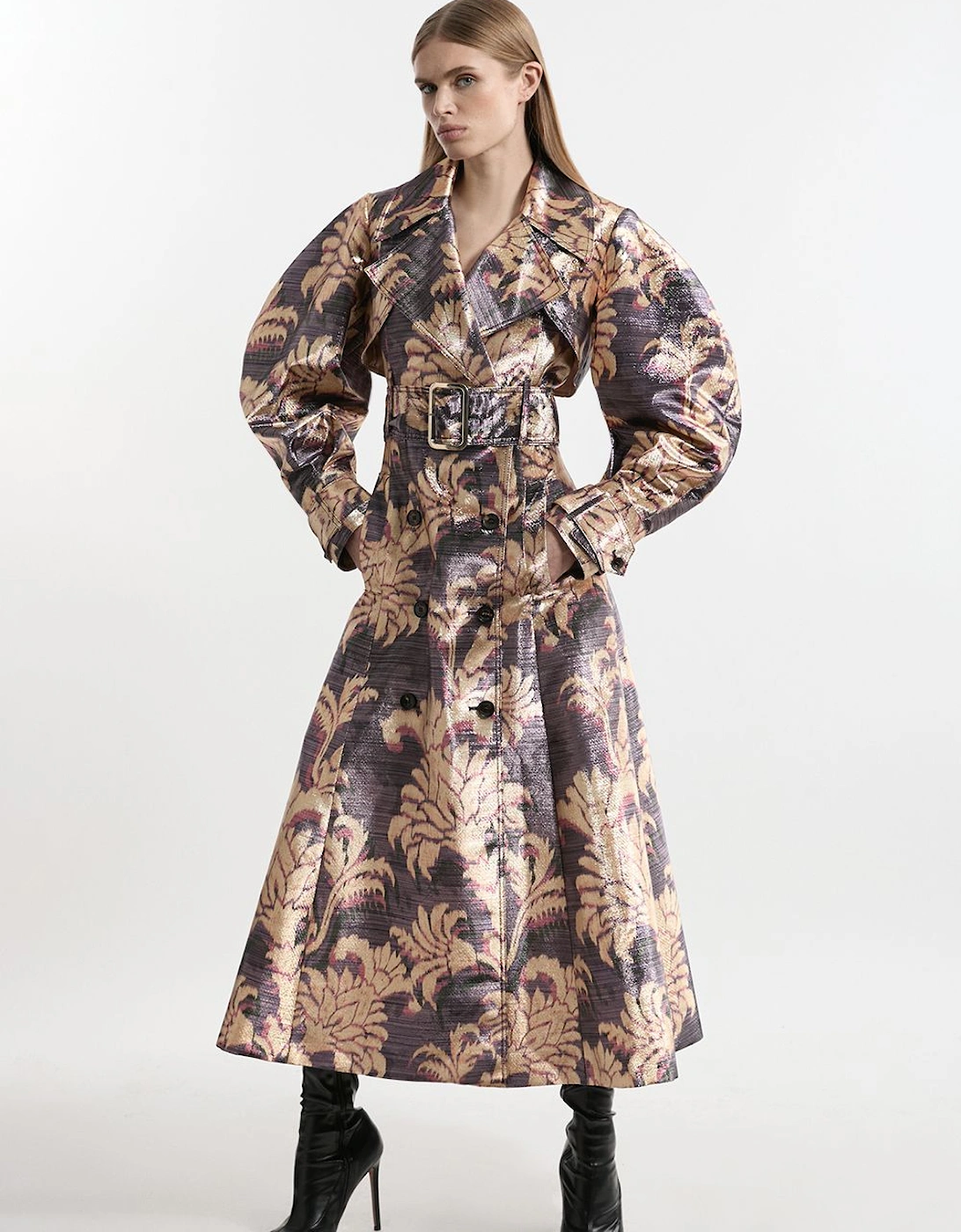 Petite Metallic Floral Tailored Trench Maxi Coat, 2 of 1