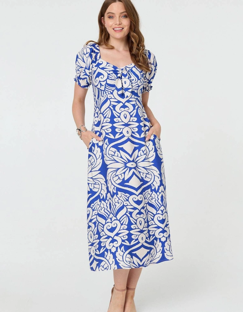 Printed Puff Sleeve A-Line Midi Dress
