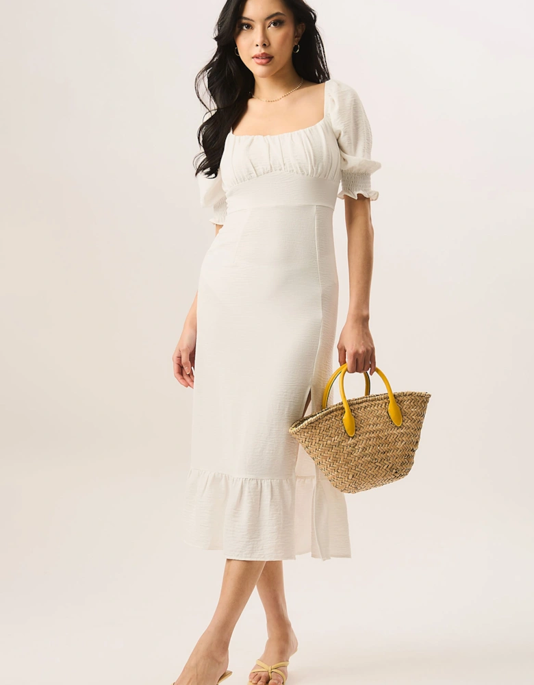 Ivory Shirred Sleeves Shift Midi Dress