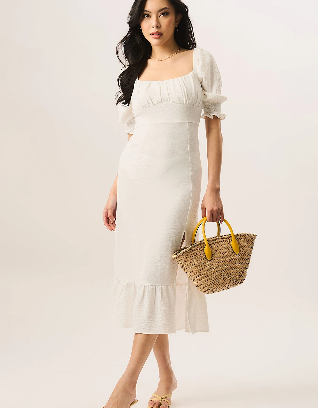 Ivory Shirred Sleeves Shift Midi Dress, 2 of 1
