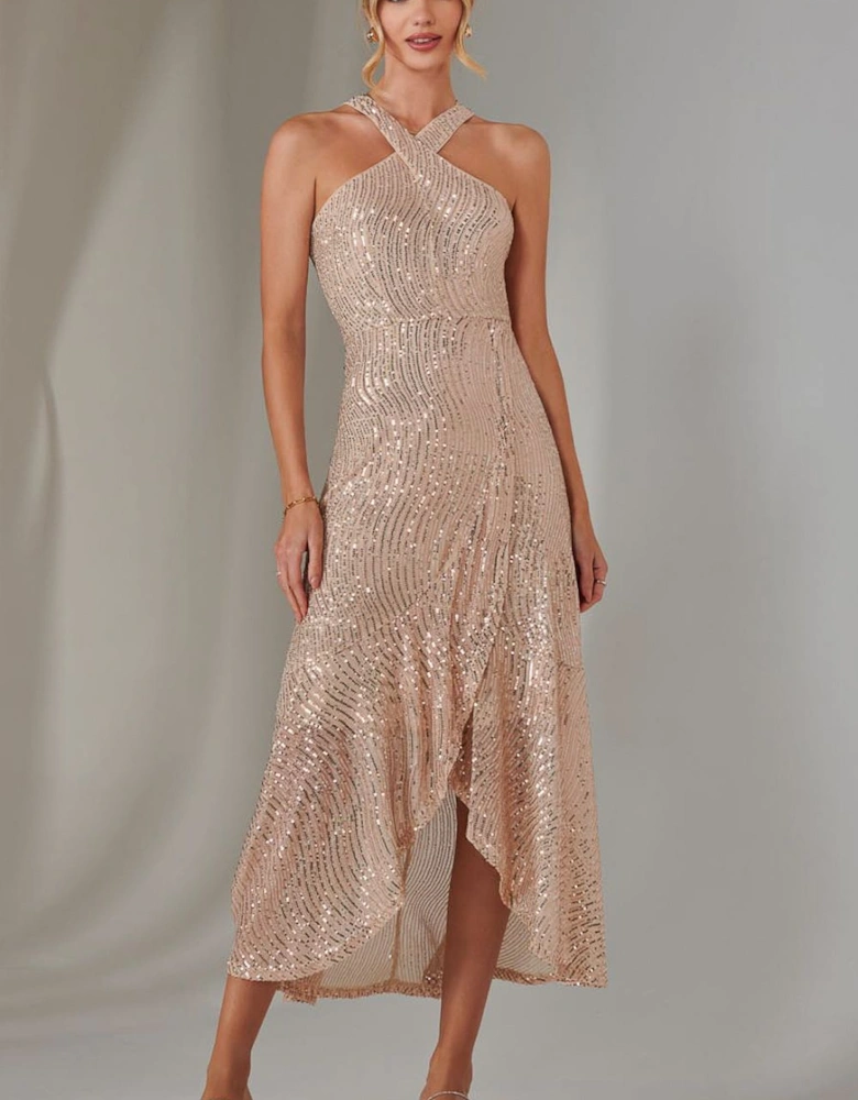 Cross Neck Frill Hem Maxi Dress