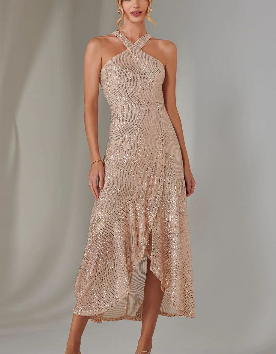 Cross Neck Frill Hem Maxi Dress, 2 of 1