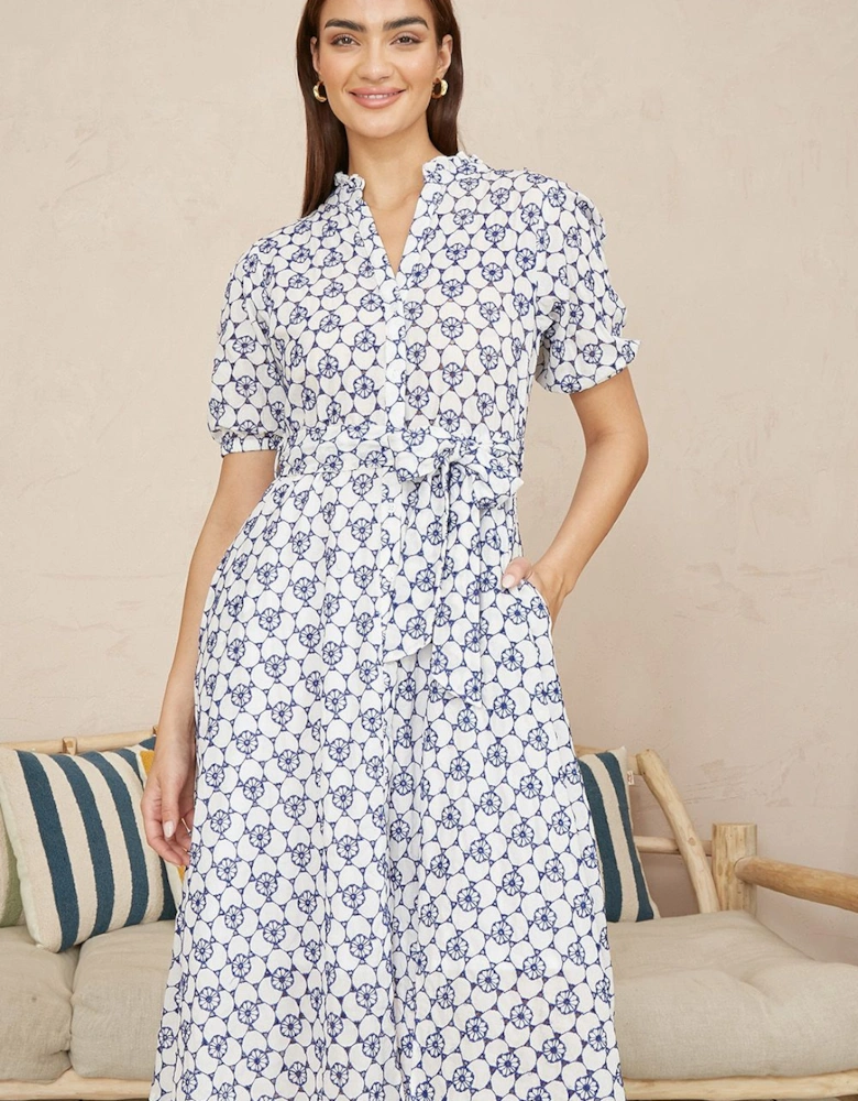 White and Blue Cotton Broderie Anglaise Midi Shirt Dress
