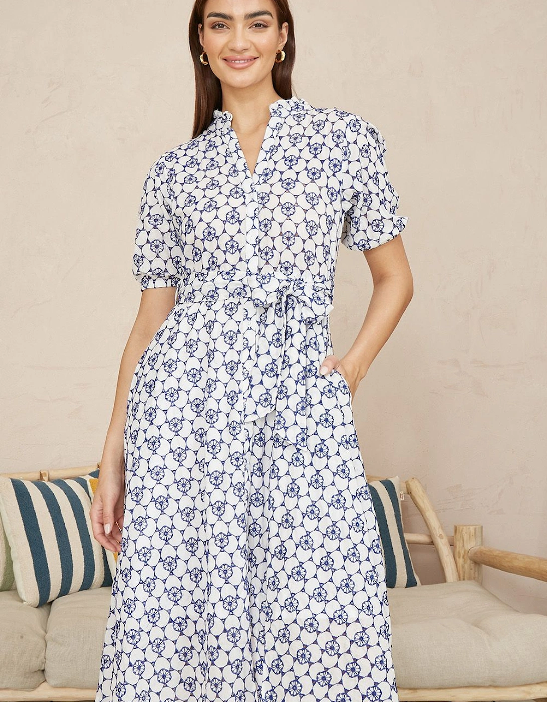 White and Blue Cotton Broderie Anglaise Midi Shirt Dress, 2 of 1