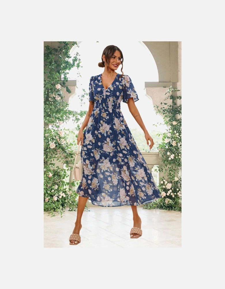 Floral Print Angel Sleeve Maxi Dress In Blue