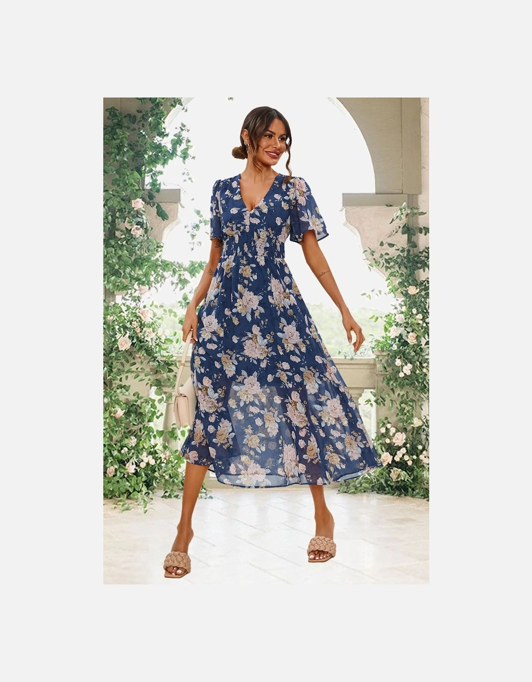 Floral Print Angel Sleeve Maxi Dress In Blue, 2 of 1