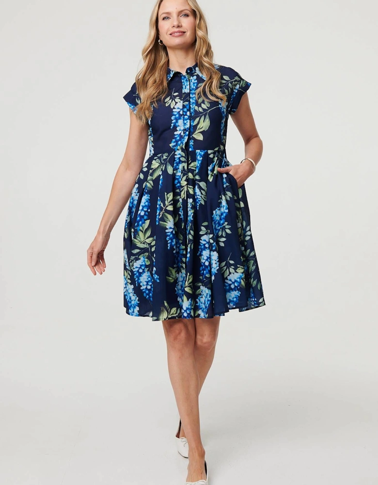 Floral Cap Sleeve Pleated Short Dress