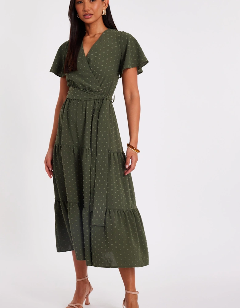 Khaki Dobby Tie Waist Midi Dress