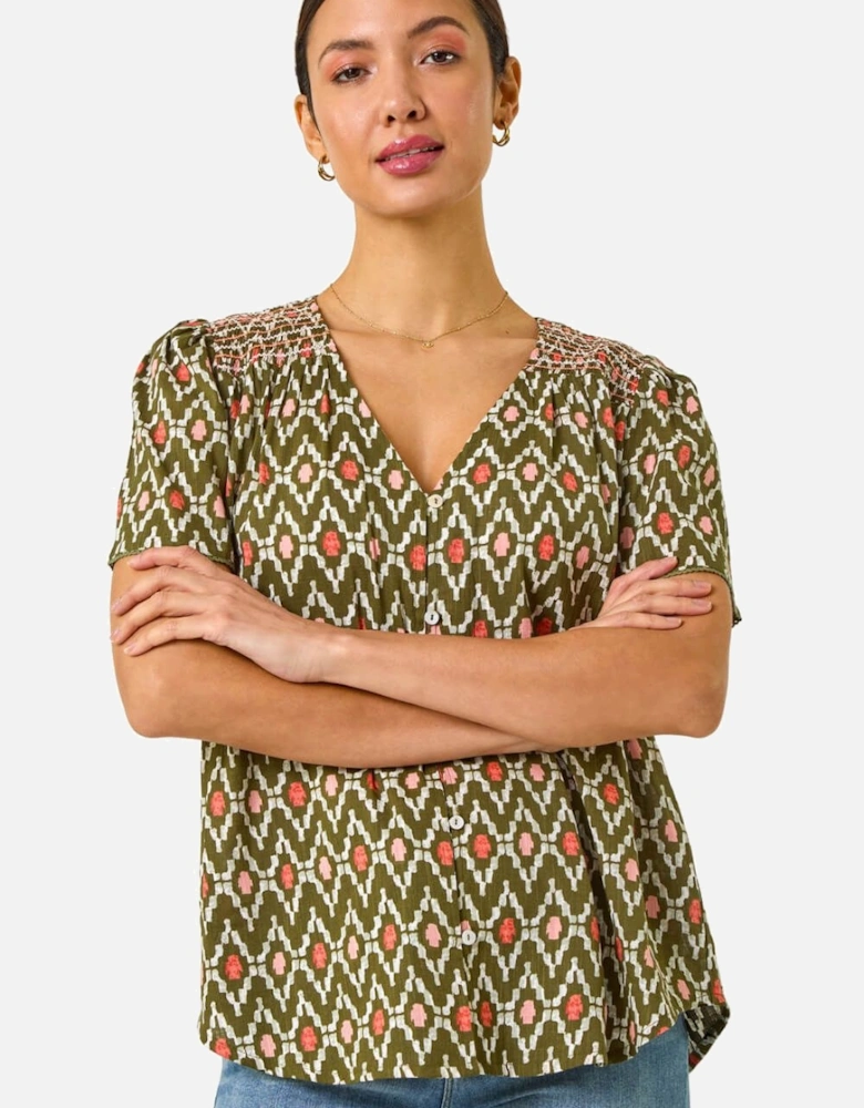 Printed Shirred Shoulder Blouse